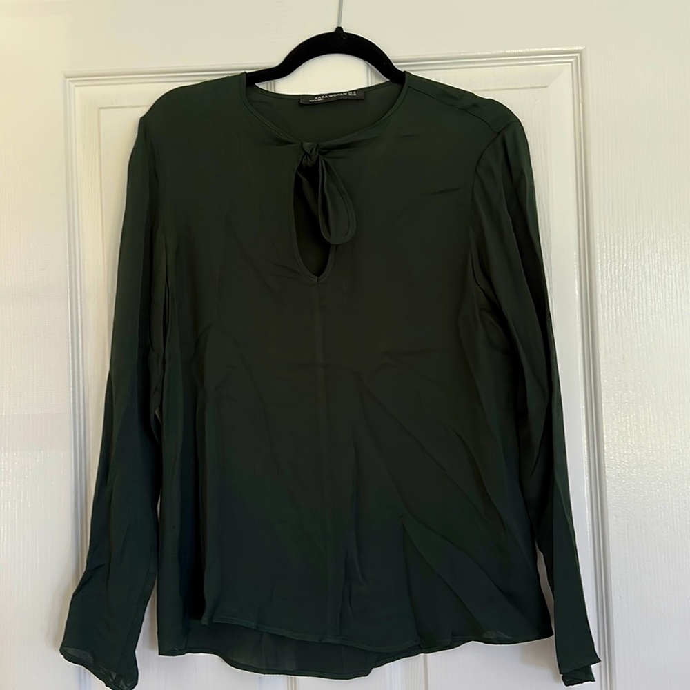 Zara green blouse with front tie. Size medium